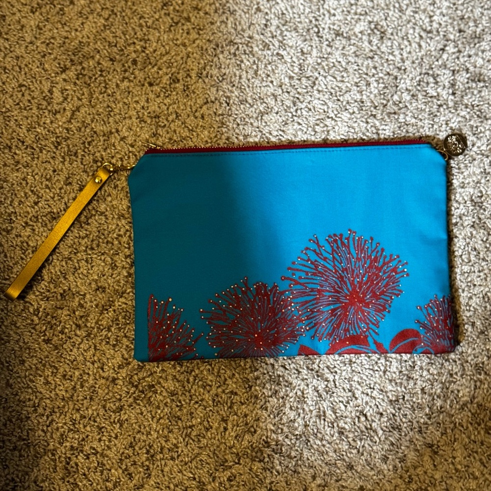 Blue and Red Floral Clutch with Gold Zipper